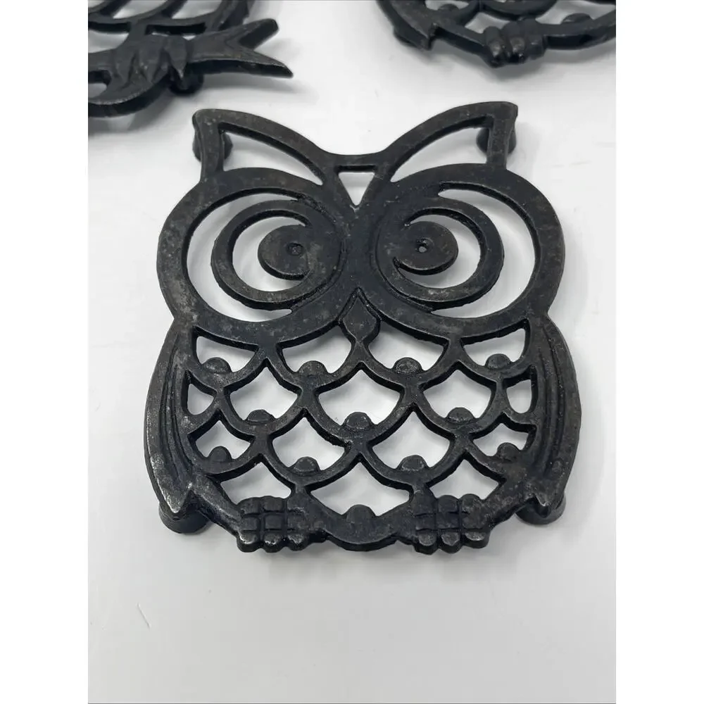 Vintage Cast Iron Trivet Black Owls Set Of 3 Hot Plates Rustic MCM Decor